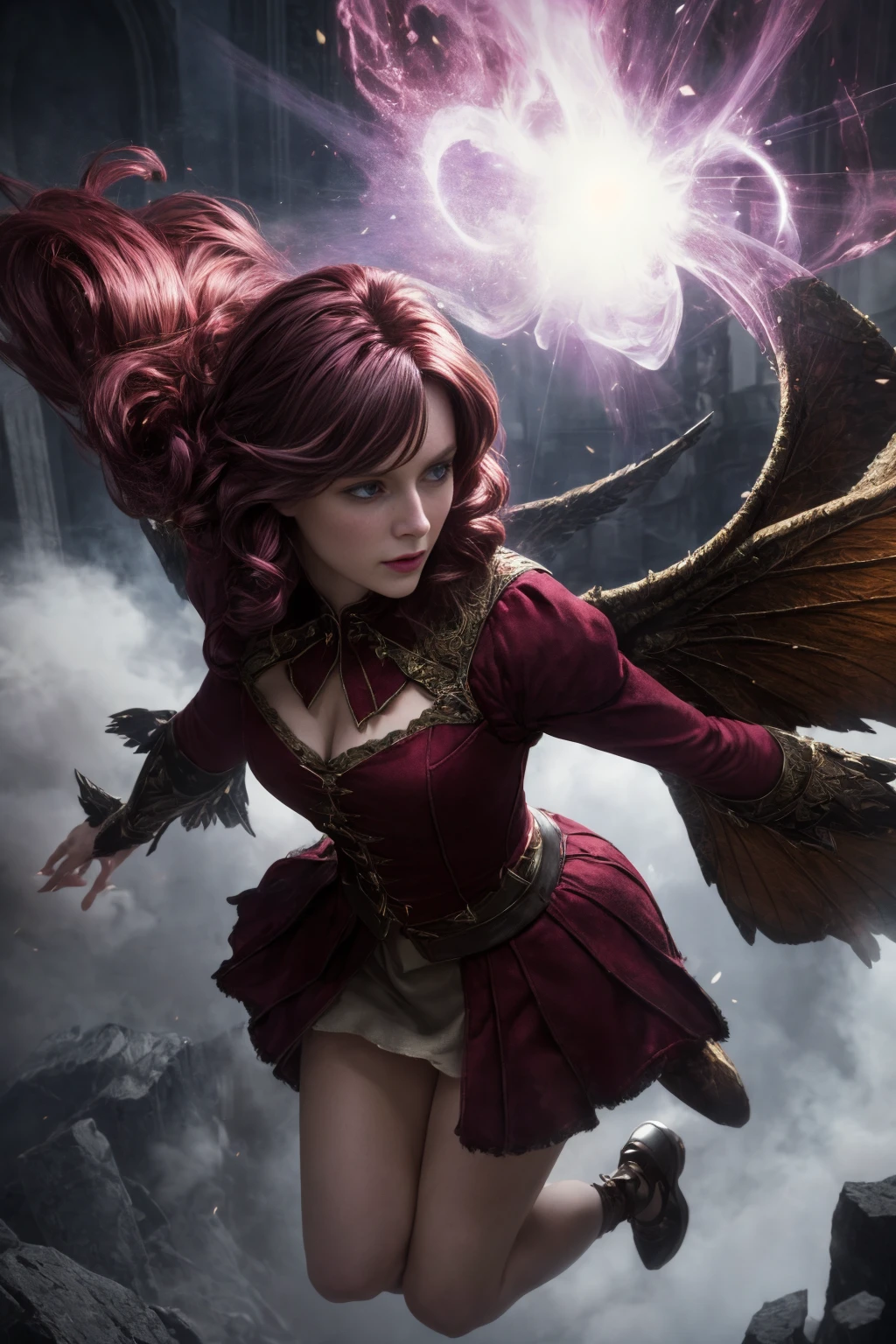 Masterpiece, best quality, (highly detailed raw photo:1. 2), 8k render in luxcore render, volumetric lighting, volumetric shadows, headshot, foreshortening, p. craig russell style <lora:more_details:0.6>
old woman, velvet, Jumping with arms forming a 'Y' shape, burgundy, medium hair, ringlets,
fairy tale fantasy, a prophecy of a chosen one to defeat an ancient evil, fantasy city