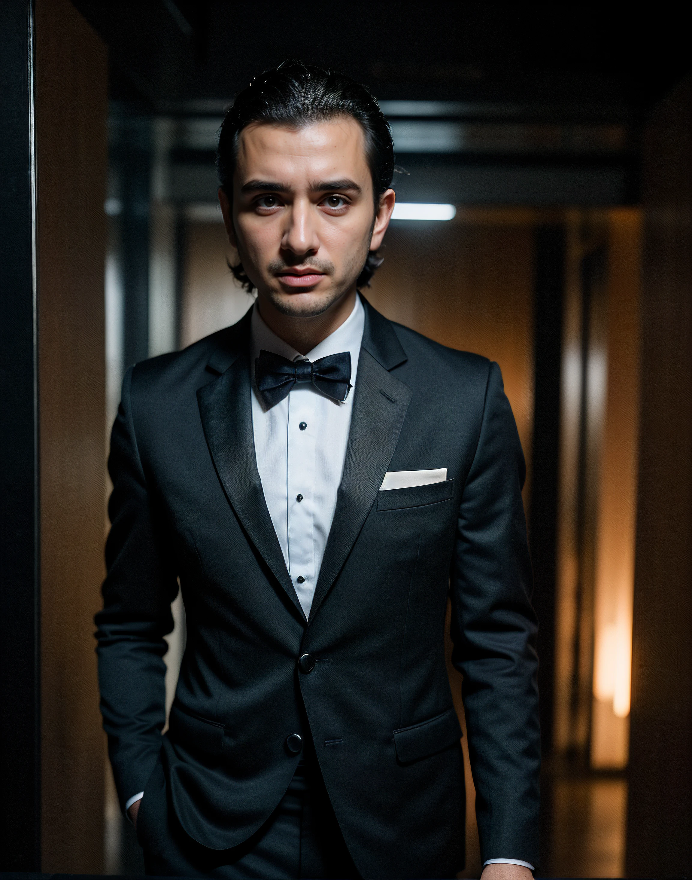 (Armenian:1.3) (photorealistic:1.4) (close up) photo in a popular club, (man) with dark hair, wearing a tuxedo, walking in front of walls of telephones, dark room, (detailed hands), (subsurface scattering:0.7), from above