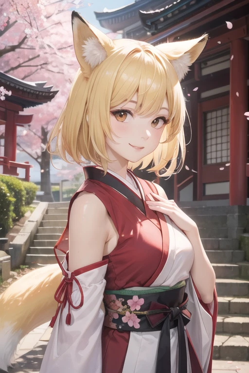 1girl,japanese,smile, pale yellow hair, medium hair, stairs, cherry blossoms, temple, fox girl, detached sleeves, animal ears,looking at viewer,upper body,sharp focus,photorealistic,4K Raw photo