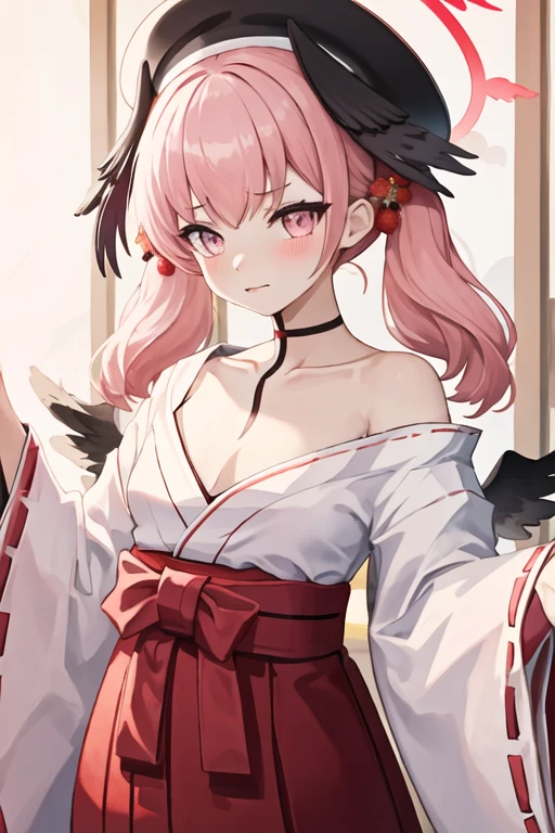 best quality, masterpiece, highres, solo, {white kimono:1.35}, {red hakama:1.35}, {wide sleeves:1.20}, {koharu_bluearchive:1.15}, head_wings, pink_hair, twintails, wings, blush, pink_eyes, black_wings, bangs, halo, hat, beret, feathered_wings, black_headwear, long_hair, collarbone, low_wings, closed_mouth