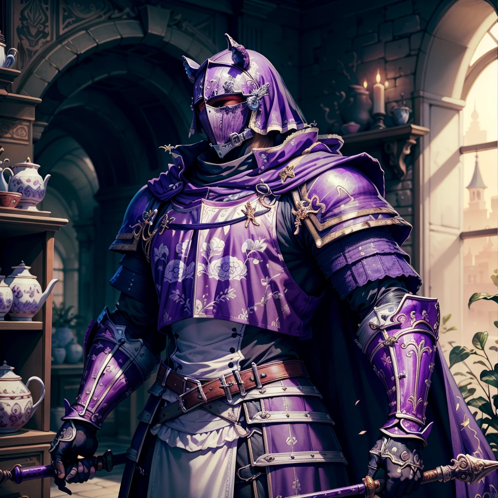 masterpiece, absurdres, extremely detailed, <lora:Madeofdelftwareai:0.6>, madeofdelftwareai, purple delftware, black delftware, 1man, muscular, knight, armoured, day, volumetric lighting,