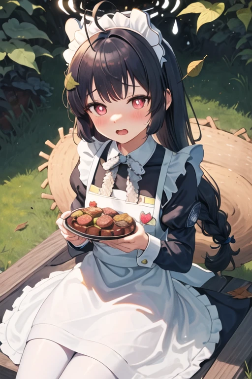 best quality, masterpiece, highres, solo, {maid:1.40}, {long maid dress:1.15}, {miyu_bluearchive:1.15}, black_hair, long_hair, red_eyes, bangs, halo, leaf, blush, ahoge, animal_ears, leaf_on_head, rabbit_ears, serafuku, fake_animal_ears, open_mouth