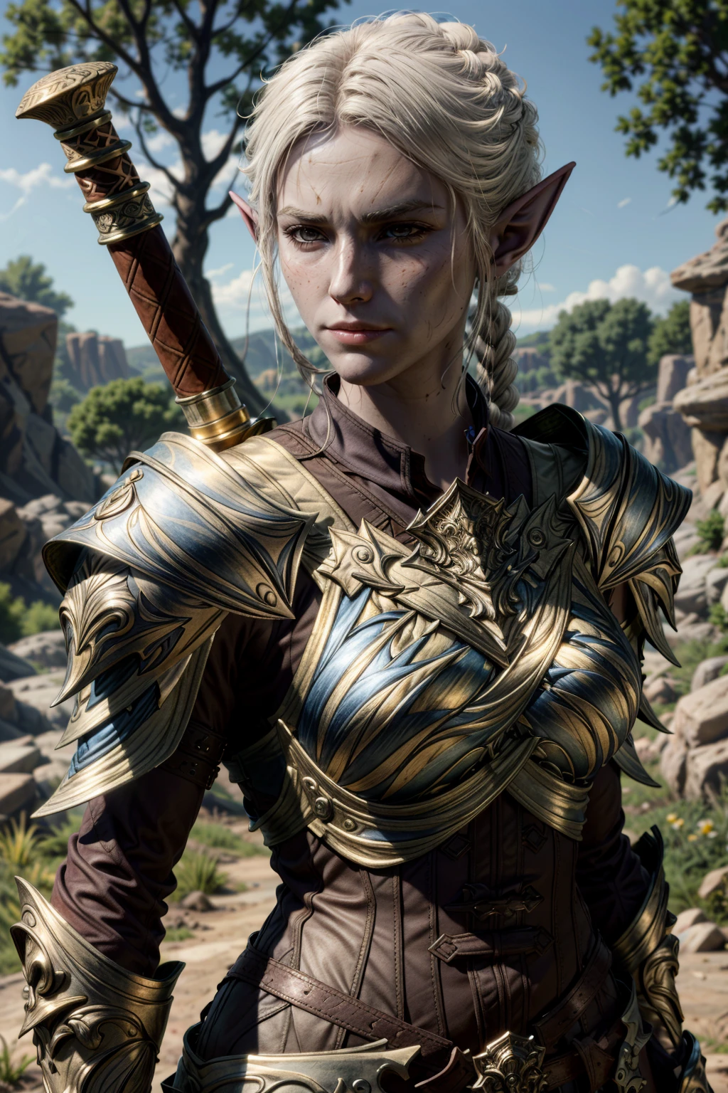 MintharaBG, solo, pointy ears, 1girl, armor, elf, blurry background, outdoors, breastplate, weapon, blurry, day, shoulder armor, tree, sword, upper body, colored skin, braid, white hair, brown eyes, closed mouth, blonde hair, lips, realistic,
masterpiece, best quality,
<lora:epi_noiseoffset2:1>, <lora:add_detail:0.7>, <lora:MintharaBG:0.7>