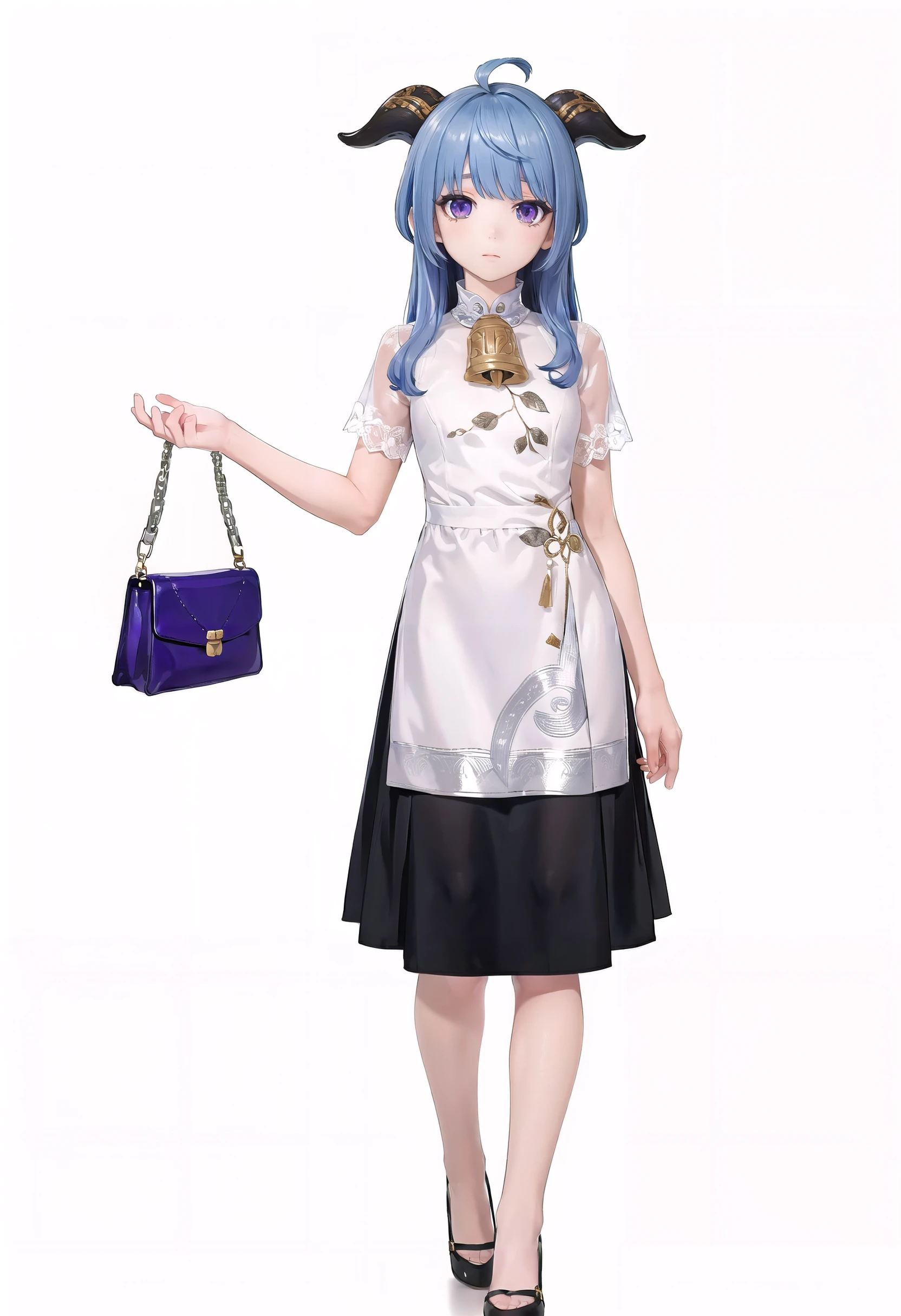 (8k, best quality, masterpiece), (ultra-detailed:1.1), (high detailed skin),
(full body:1.2), white background, standing, (solo focus, solo:1.2), female focus,
<lora:ganyu-v100:0.85:char>,ganyumilk, white and black skirt, (horns:0.8),  long hair, blue hair, purple eyes,  bangs, bag, bell, sidelocks,
(white background, simple background,:1.2),
(beautiful_face), ((intricate_detail)), (revealing clothes:1.2), clear face,
((finely_detailed)), fine_fabric_emphasis,
((glossy)),