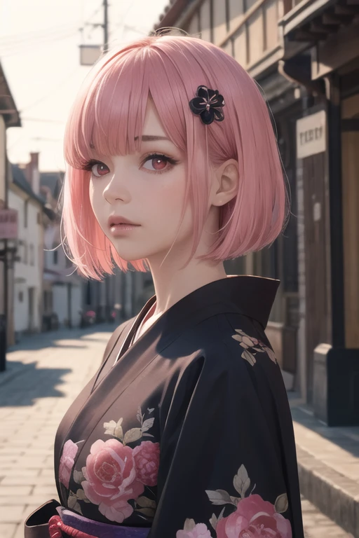 european 1girl,pink hair, bob cut, hair hair ornament,black kimono,red eyes,town,film grain,8K raw photo, photorealistic, hyper realistic,highres, high resolution