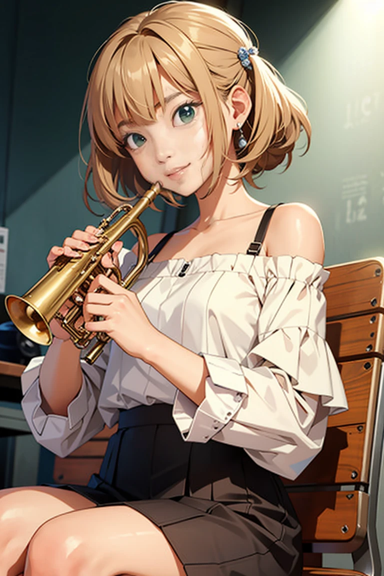 1girl, playing trumpet, trumpet, masterpiece, best quality, 8k, white off-shoulder top, sitting, <lora:trumpet_v1:0.64>
