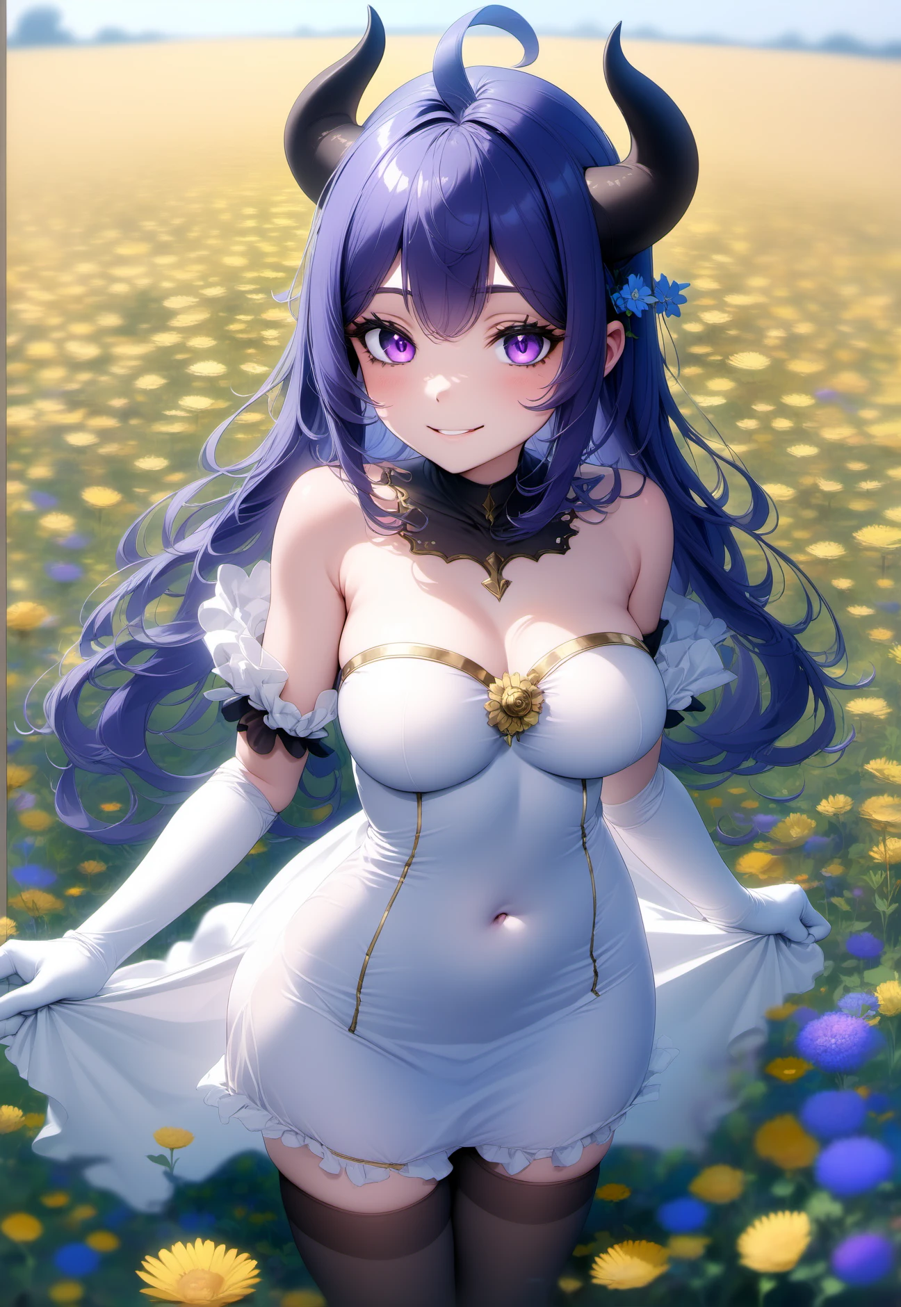 1girl, black pantyhose, blue flower, blue hair, detached sleeves, dress, elbow gloves, flower field, gloves, gold trim, horns, medium breasts, long hair, purple eyes, upper body, smile, thighlet, white dress, white sleeves, arms behind back, sfw, dress