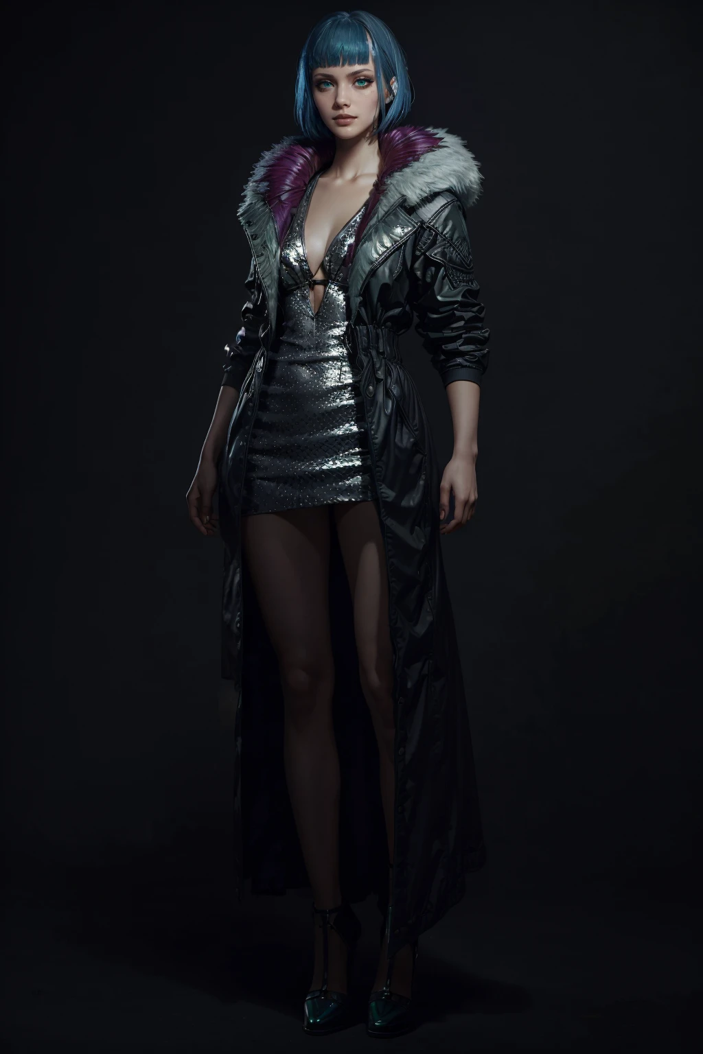 EvelynCyber, 1girl, solo, blue hair, green eyes, makeup, black background, short hair, jacket, bangs, blunt bangs, full body,
masterpiece, best quality,
<lora:epi_noiseoffset2:1>, <lora:EvelynCyber:0.7>