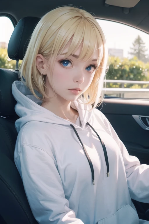blonde girl, upper body, selfie in a car,hoodie, inside a car, sharp focus,sunlight on face, beautiful eyes, cinematic lighting,,realistic, Photo,8K RAW