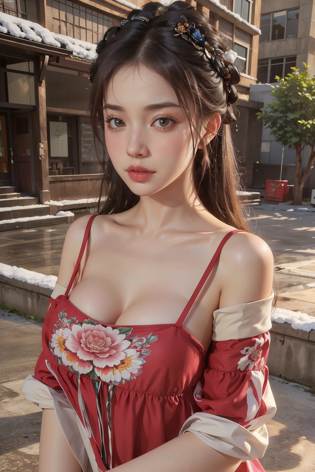 masterpiece,best quality,(photorealistic:1.4),(ultra detailed:1.3),(full body:1.4),(in winter:1.3),1girl,huayan,bare shoulders,solo,(see-through:1.2),(standing:1.2),(barefoot:1.2),(huge breasts:1.2),(sunlight:1.1),(city:1.3),(street:1.4),(outdoors:1.3),unity 8k wallpaper,blunt bangs,black hair,1girl,solo,<lora:huayan:0.8:lbw=CLOTHING>,