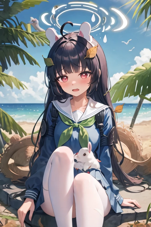 best quality, masterpiece, highres, solo, {miyu_bluearchive:1.15}, black_hair, long_hair, red_eyes, bangs, halo, leaf, blush, ahoge, animal_ears, leaf_on_head, rabbit_ears, serafuku, fake_animal_ears, open_mouth