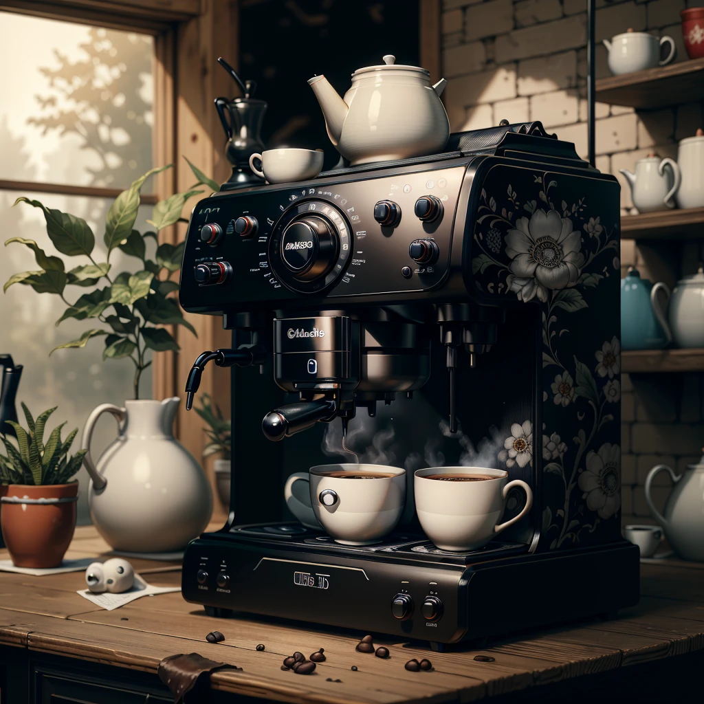 masterpiece, absurdres, extremely detailed, <lora:Madeofdelftwareai:0.6>, madeofdelftwareai, black delftware, coffee machine, day, volumetric lighting,
