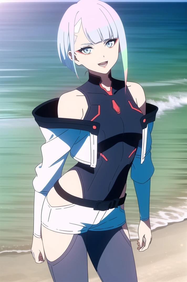 ((Best quality)),((very detailed)),masterpiece,absurdity,detailed face,Beautiful face,(Detailed eyes, deep eyes),1 Girl,((dynamic pose)) , mature face, Lucy, multicolored hair, One, black bra, black swimsuit, sexuality, bang, short hair, draw up, bare shoulders, naked body, armpits, on the beach, Sun, wound, ледит на sun loungerе, sun lounger, breast, red Eyeliner, Red lips, different colored eyes, black купальник, Long legs, from the outside, cyberpunk, closed mouth, parted bang, gradient hair, medium breast, Eyeliner, Body, pomade, green hair, thigh vent, cyborg, standing, looking away, blunt bang, pale skin, belt, I look at the viewer