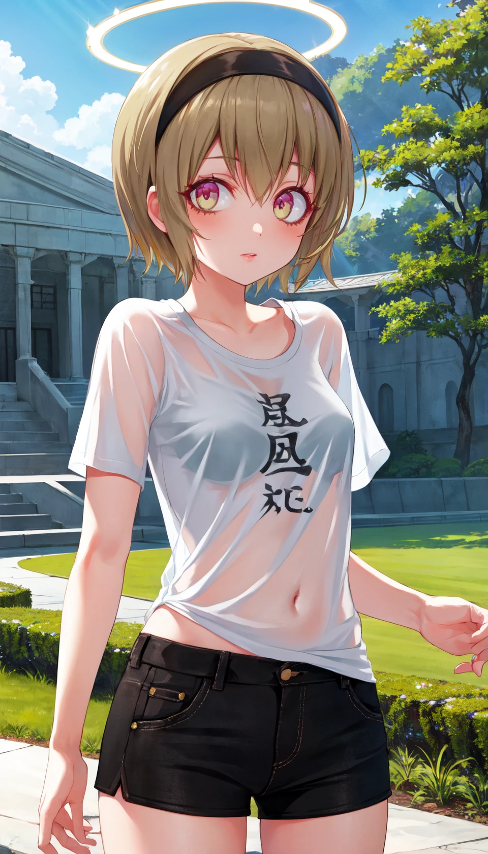 masterpiece, best quality, outdoors,
pekorashirt, 1girl, solo, looking at viewer, cowboy shot, see-through, see-through shirt, bra under shirt, halo over head,
<lora:Pekora_LoRA:1>,