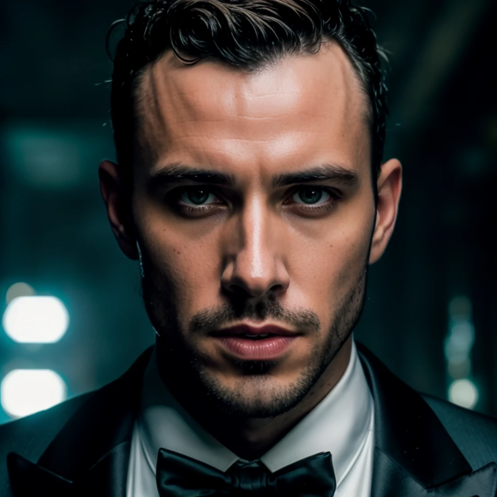 face portrait of davidac person using a tuxedo, in blade runner, professional photography, high resolution, 4k, detailed photo, <lora:davidac_19350:1>