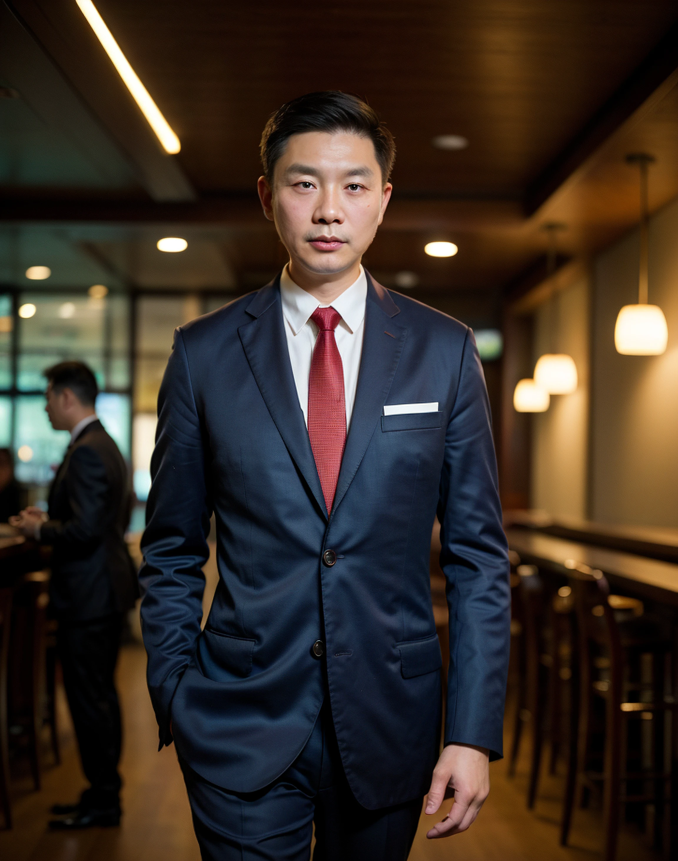 (Chinese:1.4), (close up) photo in a high class bar, thin man wearing a suit and tie, (slanted eyes),walking in front of declarative walls, (detailed hands), (subsurface scattering:0.7), from front (photorealistic:1.4)