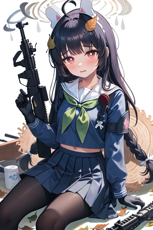 best quality, masterpiece, highres, solo, {miyu_bluearchive:1.15}, black_hair, long_hair, red_eyes, bangs, halo, leaf, blush, ahoge, animal_ears, leaf_on_head, rabbit_ears, serafuku, fake_animal_ears, open_mouth, 1girl, black_gloves, blue_shirt, blue_skirt, gloves, long_sleeves, neckerchief, pantyhose, sailor_collar, school_uniform, shirt, skirt, white_pantyhose, white_sailor_collar, blue_serafuku, blunt_bangs, closed_mouth, green_neckerchief, sitting, pleated_skirt, white_background, binoculars, gun, rifle, simple_background, weapon, looking_at_viewer
