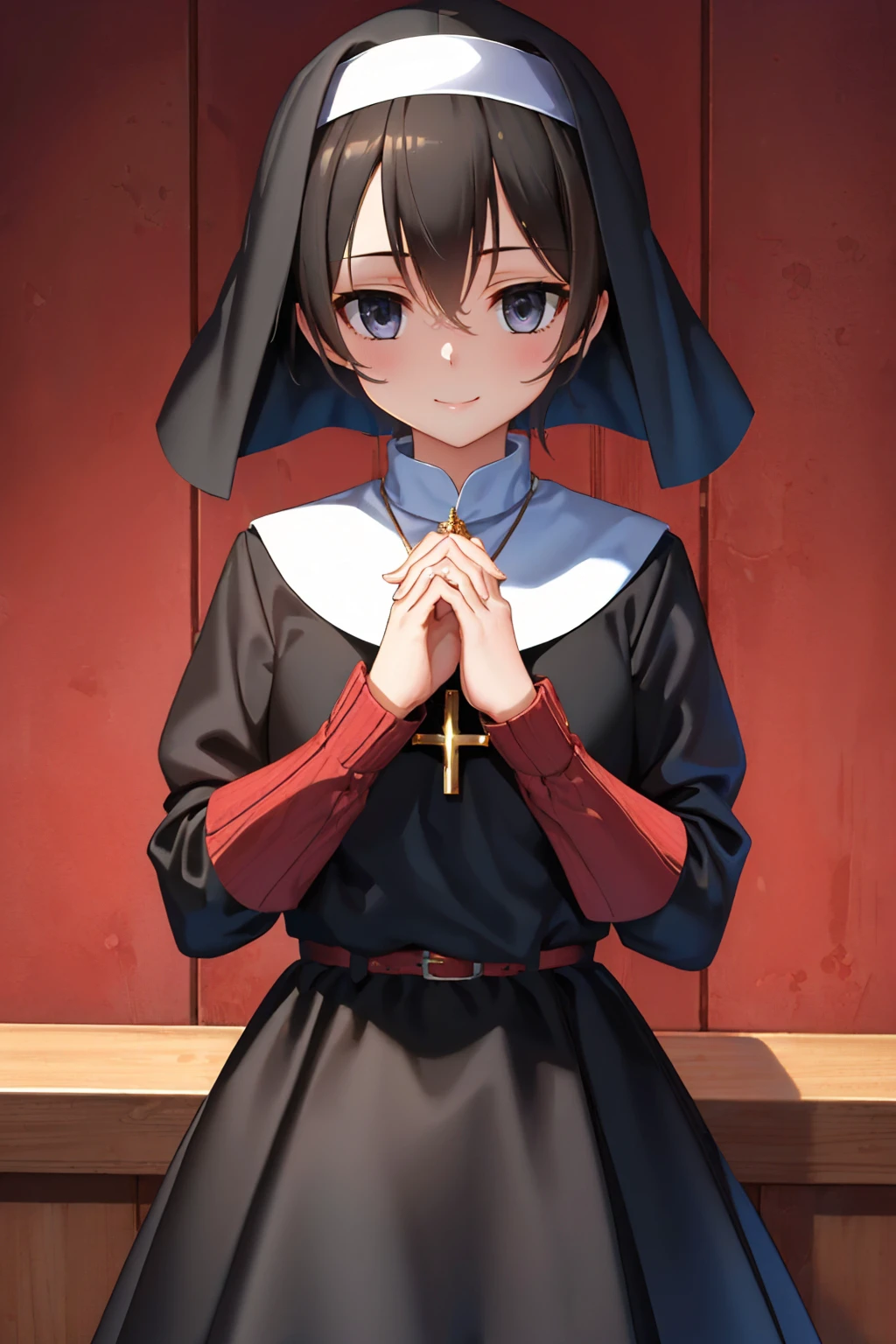 (masterpiece, best quality:1.2), solo, 1girl, kurome, smile, looking at viewer, own hands together, habit, nun, cross necklace <lora:agk_kurome:1>