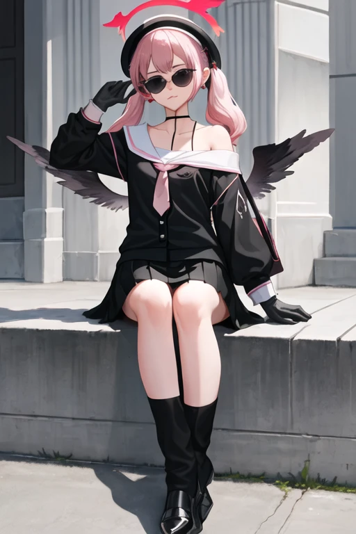 best quality, masterpiece, highres, solo, {black business suit:1.40}, {tie:1.20}, {sunglasses:1.25}, {white gloves:1.15}, {white shirt:1.10}, {black skirt:1.15}, {smoking:1.20}, handsome, {koharu_bluearchive:1.15}, head_wings, pink_hair, twintails, wings, blush, pink_eyes, black_wings, bangs, halo, hat, beret, feathered_wings, black_headwear, long_hair, collarbone, low_wings, closed_mouth