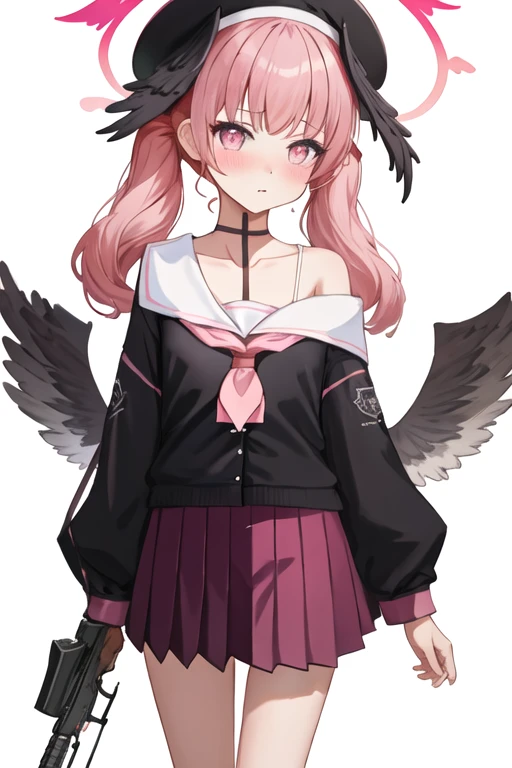 best quality, masterpiece, highres, solo, {koharu_bluearchive:1.15}, head_wings, pink_hair, twintails, wings, blush, pink_eyes, black_wings, bangs, halo, hat, beret, feathered_wings, black_headwear, long_hair, collarbone, low_wings, closed_mouth, 1girl, gun, holding, holding_weapon, looking_at_viewer, sailor_collar, school_uniform, simple_background, weapon, white_background, white_sailor_collar, holding_gun, long_sleeves, neckerchief, pink_neckerchief, rifle, off_shoulder, skirt, winged_hat