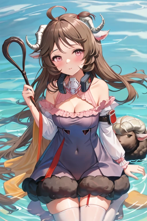 best quality, masterpiece, highres, solo, {eyjafjalla_arknights:1.15}, brown_hair, long_hair, animal_ears, horns, sheep_horns, sheep_ears, ahoge, sheep_girl, blush, bangs, upper_body, pink_eyes