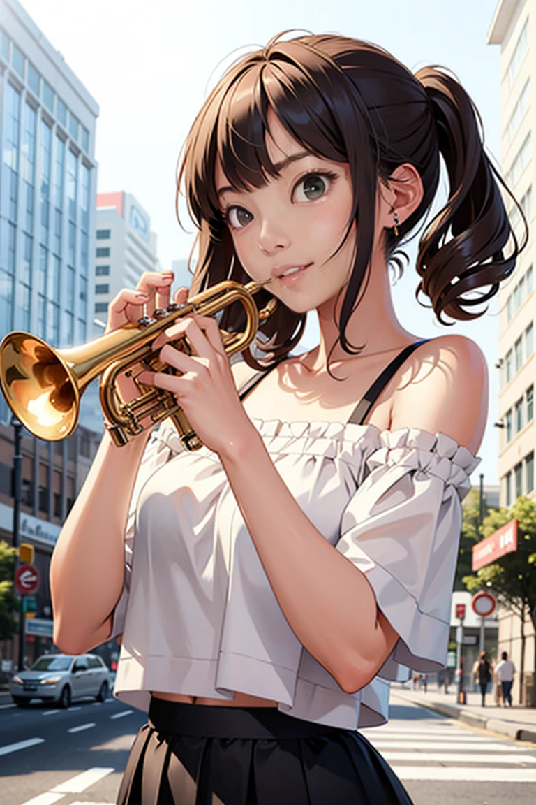 1girl, playing trumpet, trumpet, masterpiece, best quality, 8k, white off-shoulder top, on the street, <lora:trumpet_v1:0.67>