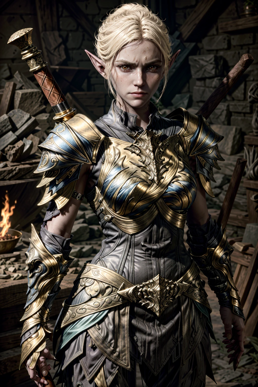 MintharaBG, armor, 1girl, solo, pointy ears, blurry background, blonde hair, sword, weapon, elf, breastplate, looking at viewer, shoulder armor, blurry, realistic, colored skin, red eyes, pauldrons, cowboy shot, closed mouth, chainmail, standing
masterpiece, best quality,
<lora:epi_noiseoffset2:1>,  <lora:add_detail:0.7>,  <lora:MintharaBG:0.7>