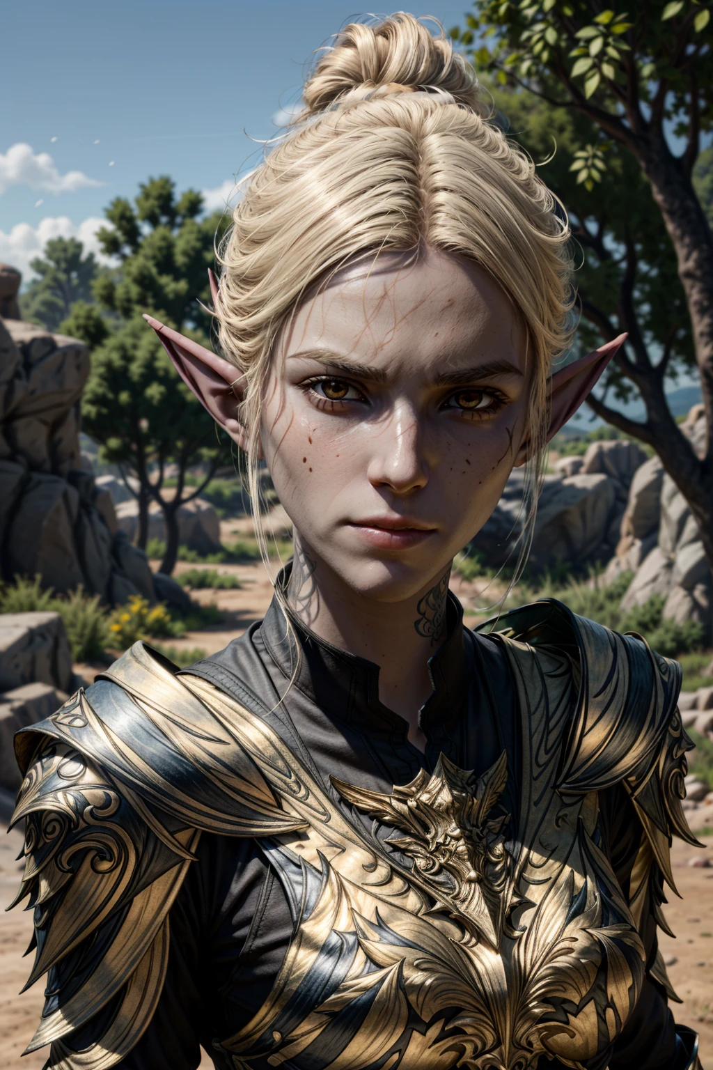 MintharaBG, solo, pointy ears, 1girl, elf, blurry background, blonde hair, blurry, outdoors, portrait, realistic, armor, red eyes, colored skin, looking at viewer, tree, day, closed mouth, lips, tattoo
masterpiece, best quality,
<lora:epi_noiseoffset2:1>, <lora:add_detail:0.7>, <lora:MintharaBG:0.7>
