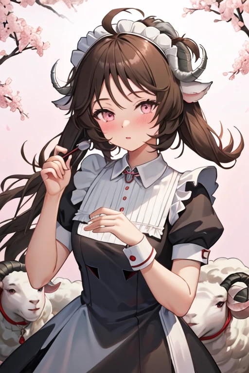 best quality, masterpiece, highres, solo, {maid:1.40}, {long maid dress:1.15}, {eyjafjalla_arknights:1.15}, brown_hair, long_hair, animal_ears, horns, sheep_horns, sheep_ears, ahoge, sheep_girl, blush, bangs, upper_body, pink_eyes