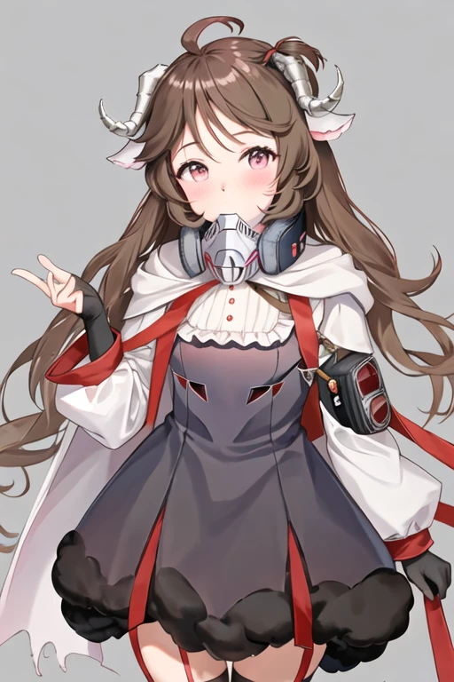 best quality, masterpiece, highres, solo, {eyjafjalla_arknights:1.15}, brown_hair, long_hair, animal_ears, horns, sheep_horns, sheep_ears, ahoge, sheep_girl, blush, bangs, upper_body, pink_eyes, 1girl, looking_at_viewer, mask, mask_around_neck, simple_background, grey_background, portrait, respirator, dress