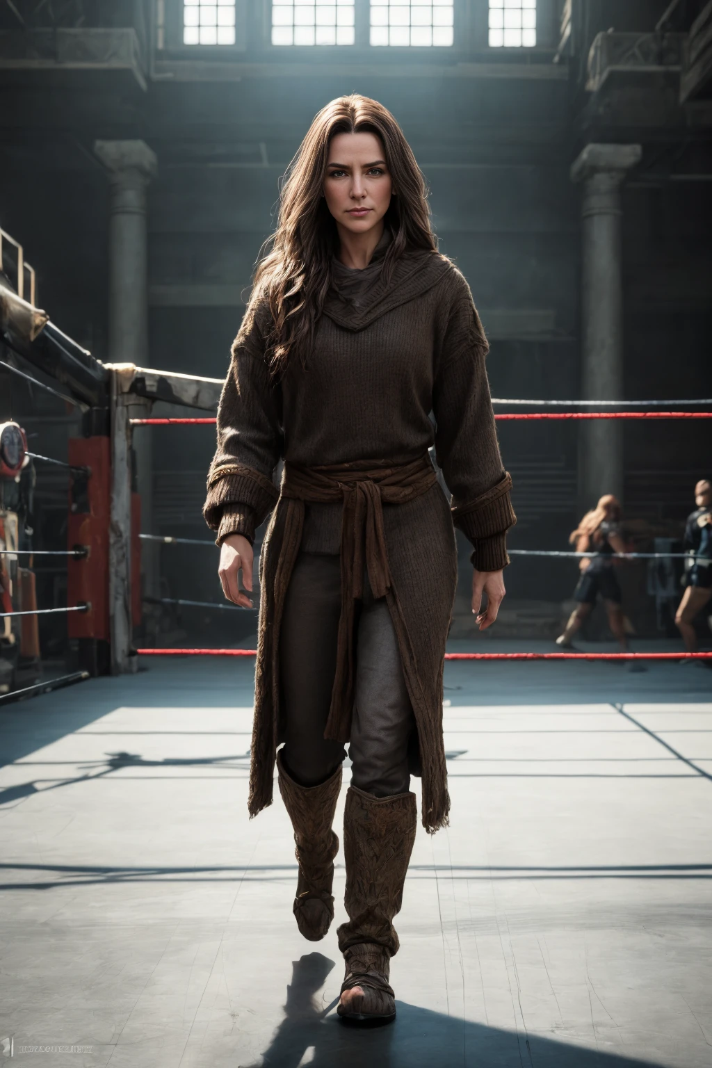 Masterpiece, best quality, (highly detailed raw photo:1. 2), 8k render in octane, volumetric lighting, volumetric shadows, promotional, open in winamp, kevin spear style <lora:more_details:0.6>
old woman, sweater, Walking with hands in pockets, medium brown, long hair, half-up half-down hairstyle,
portal fantasy, a kingdom in peril by a powerful necromancer, wrestling ring
