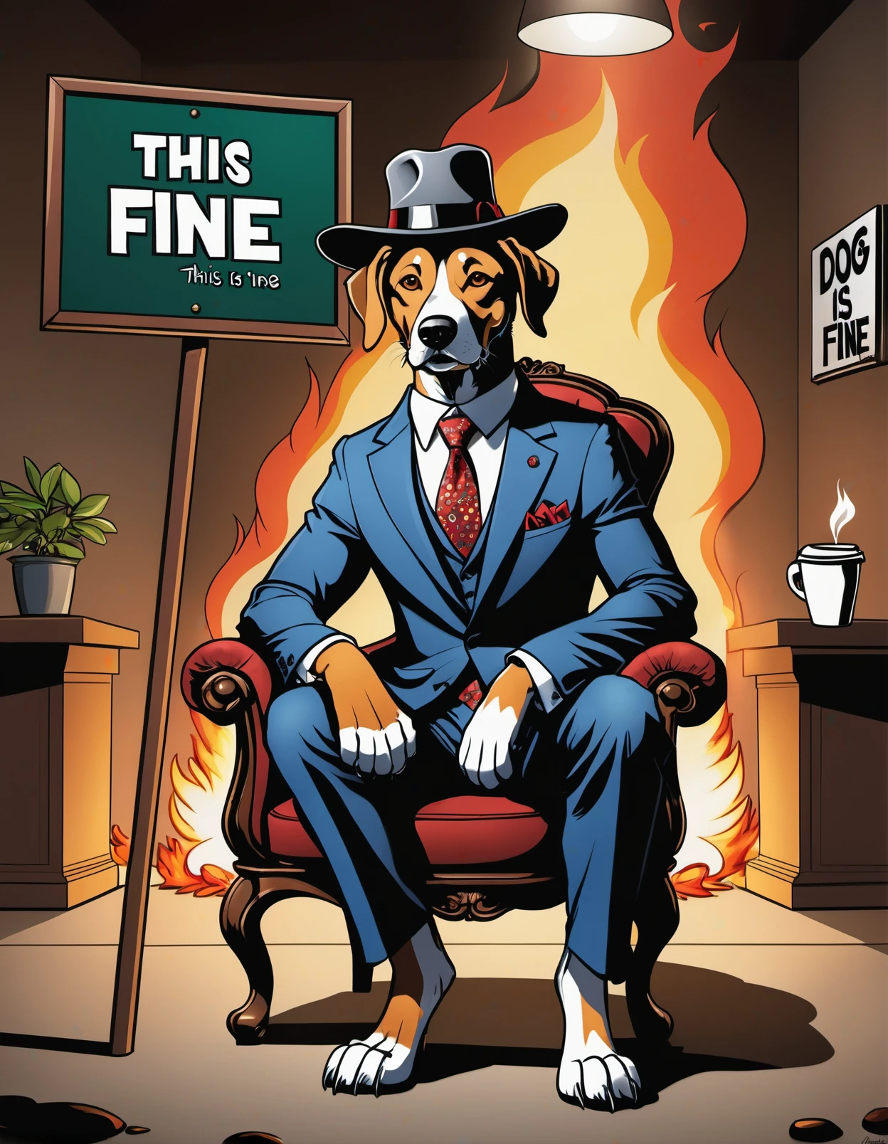 comic an antro dog wearing a hat and a suit is sitting on a a chair trinking coffee , the hole room is burning, he hold a sign with(( text;"this is fine")) ,, high quality photography, 3 point lighting, flash with softbox, 4k, Canon EOS R3, hdr, smooth, sharp focus, high resolution, award winning photo, 80mm, f2.8, bokeh . graphic illustration, comic art, graphic novel art, vibrant, highly detailed