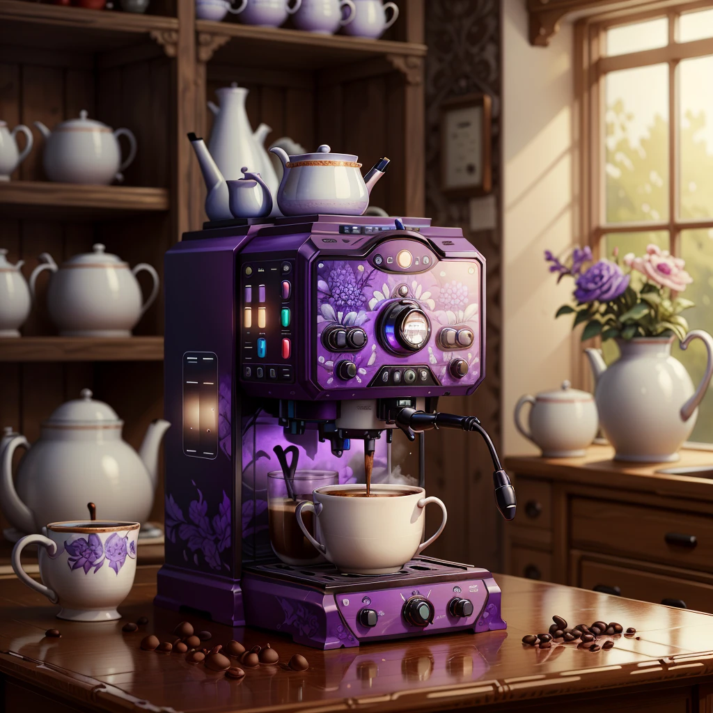 masterpiece, absurdres, extremely detailed, <lora:Madeofdelftwareai:0.6>, madeofdelftwareai, purple delftware, coffee machine, day, volumetric lighting,