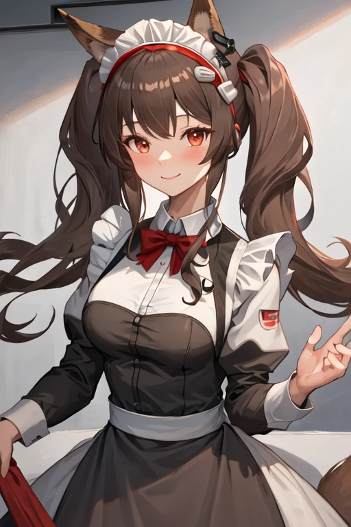 best quality, masterpiece, highres, solo, {maid:1.40}, {long maid dress:1.15}, {angelina_arknights:1.15}, brown_hair, long_hair, animal_ears, fox_ears, twintails, bangs, hairband, red_hairband, red_eyes, infection_monitor_\(arknights\), upper_body, breasts, blush, smile