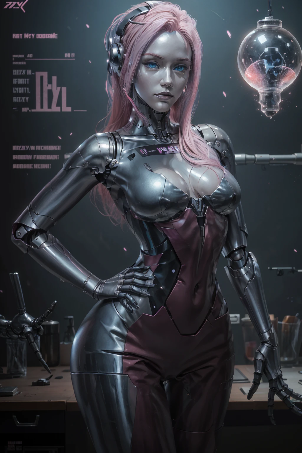 LizzyCyber, 1girl, solo, hand on hip, blue eyes, android, pink hair, breasts, robot, hand on own chest, parted lips, medium breasts, colored skin, grey skin, science fiction, gloves, long hair, looking at viewer
masterpiece, best quality,
<lora:epi_noiseoffset2:1>, <lora:LizzyCyber:0.7>