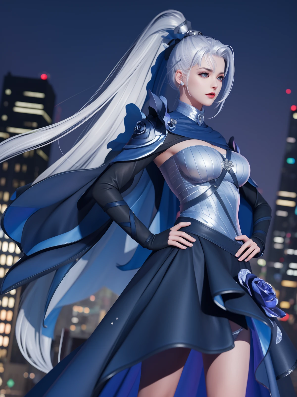 WZRYhuamulanMQJF, 1girl, long hair, solo, ponytail, cape, white hair, jewelry, dress, blue eyes, black gloves, armor, breasts, <lora:WZRYhuamulanMQJF:0.75>,cityscape, night, looking at viewer, mature female, hand on hip,