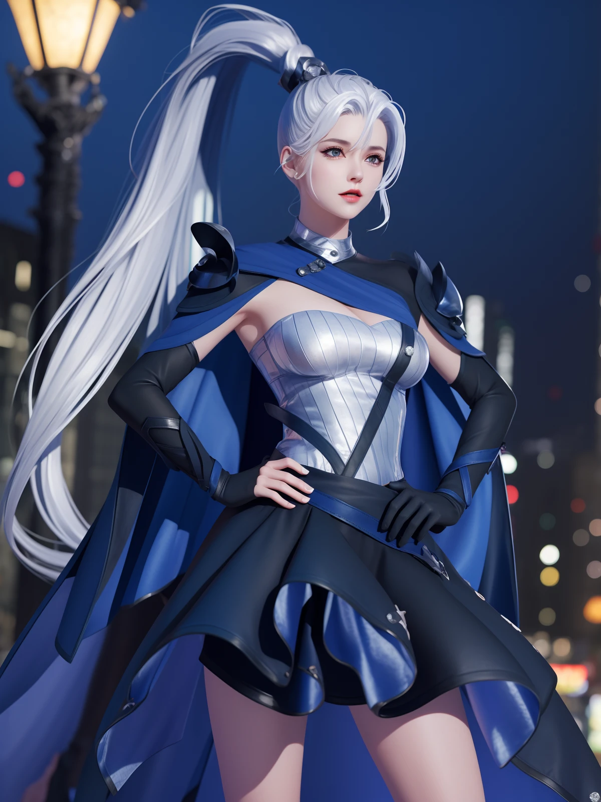 WZRYhuamulanMQJF, 1girl, long hair, solo, ponytail, cape, white hair, jewelry, dress, blue eyes, black gloves, armor, breasts, <lora:WZRYhuamulanMQJF:0.75>,cityscape, night, looking at viewer, mature female, hand on hip,