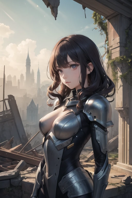 extreme detailed,cinematic composition,aesthetic,woman,solo,cute face,ringlets,upper body, (bodysuit:0.8), armor,(robot:0.4),mechanical body, mechanical arms, mechanical legs, crumbling ruins, overgrown, history, scattered pillars, sunbeams, hazy atmosphere