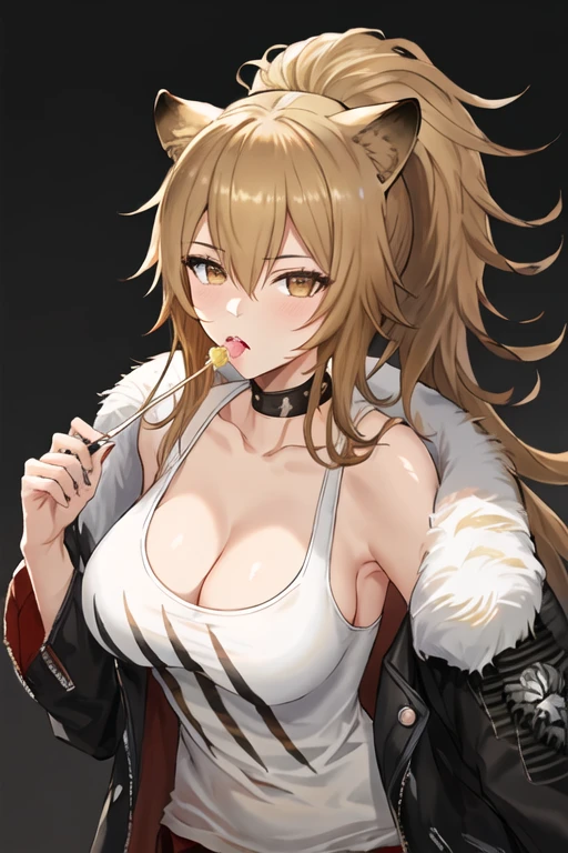 best quality, masterpiece, highres, solo, {siege_arknights:1.15}, animal_ears, lion_ears, long_hair, bangs, breasts, blonde_hair, ponytail, brown_eyes, cleavage, hair_between_eyes, brown_hair, large_breasts, upper_body, lollipop, food, candy, yellow_eyes, 1girl, black_choker, choker, fur-trimmed_jacket, fur_trim, jacket, mouth_hold, tank_top, white_tank_top, bare_shoulders, black_jacket, collarbone, looking_at_viewer, armpits
