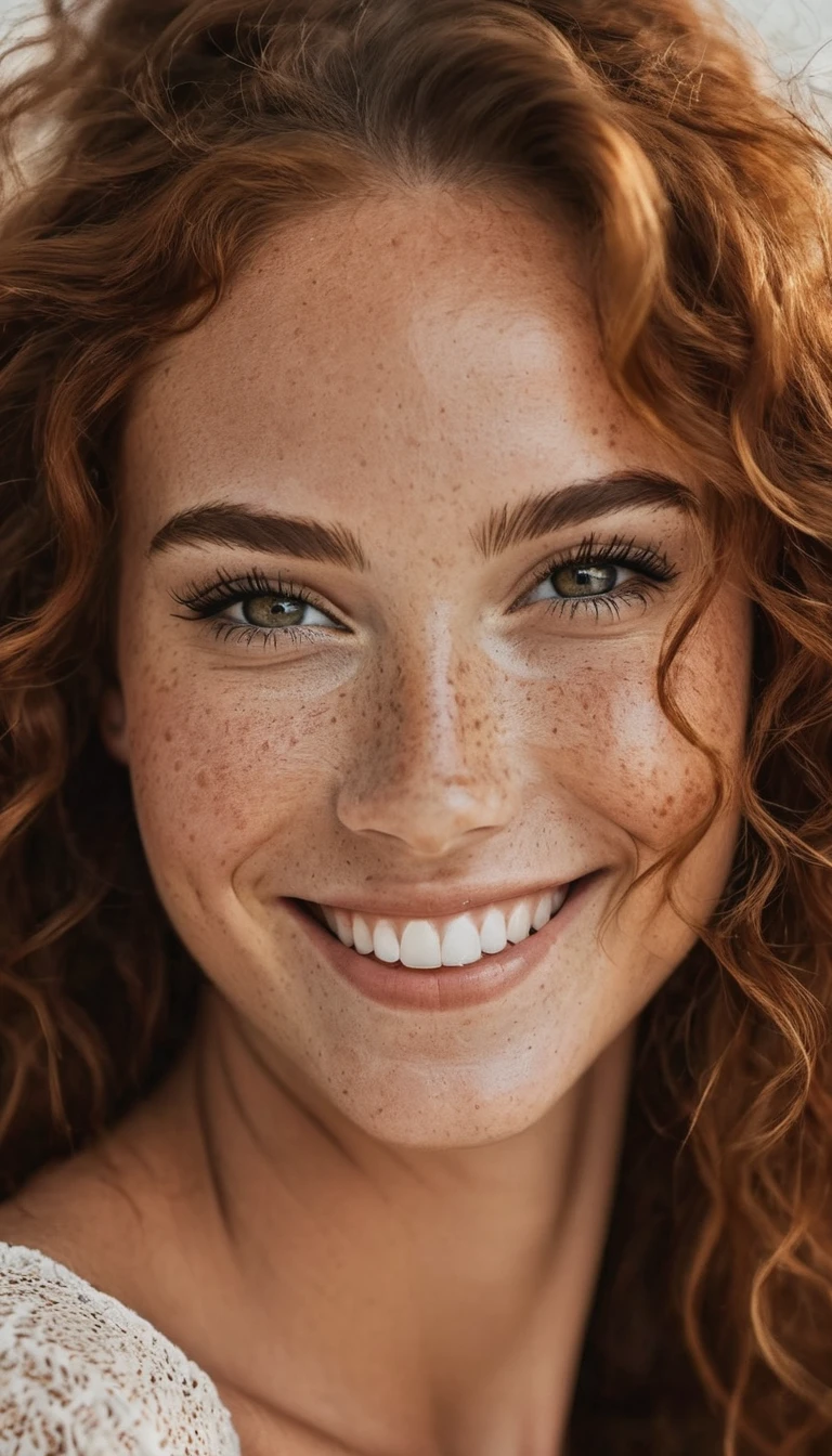 beautiful lady, freckles, big smile, dark makeup, hyperdetailed photography, soft light, head and shoulders portrait, cover