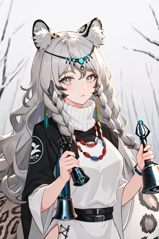best quality, masterpiece, highres, solo, {pramanix_arknights:1.15}, long_hair, animal_ears, braid, leopard_ears, animal_ear_fluff, grey_eyes, twin_braids, bangs, grey_hair, jewelry, white_hair, necklace, tail, upper_body, turtleneck, leopard_tail, hair_between_eyes, bell, very_long_hair