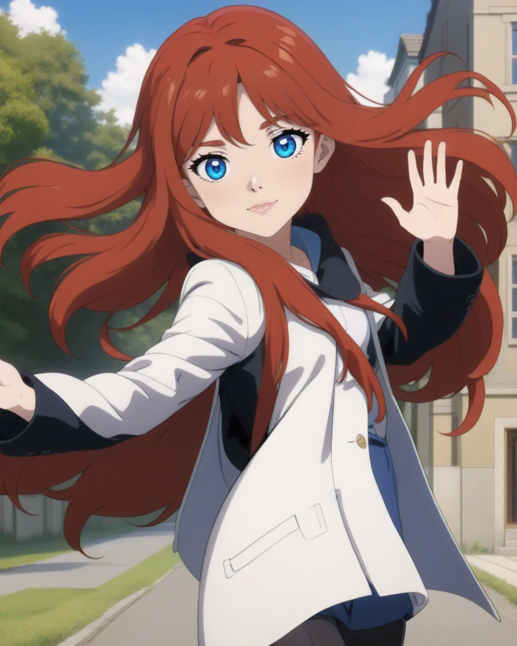 1girl, red hair, blue eyes, waving, masterpiece, best quality,