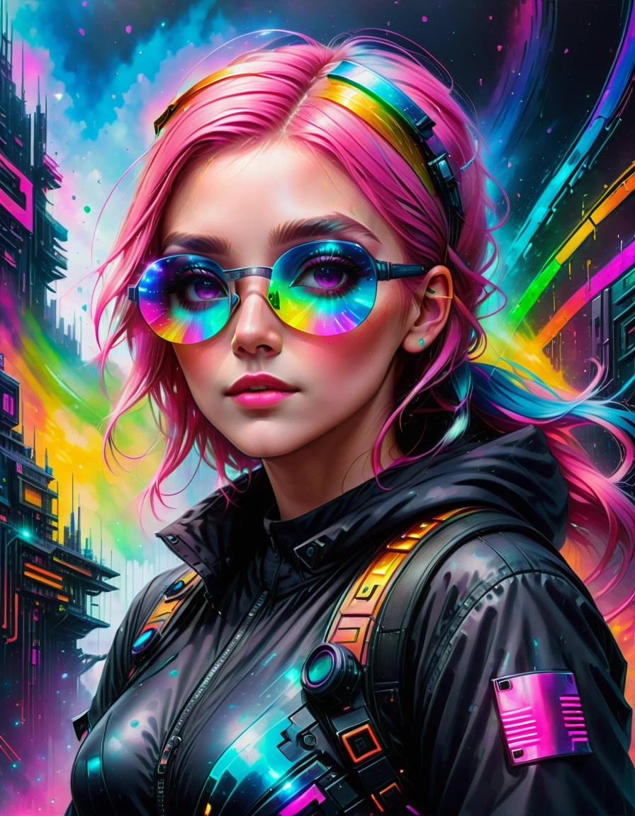 Female Hologram thief, sci fi, 8k, high quality, beautiful, vibrant colors, cyberpunk, goggles, pink hair, rainbow circuits bokeh background,  <lora:SDXLPaintSplash:0.7>  Colorsplash