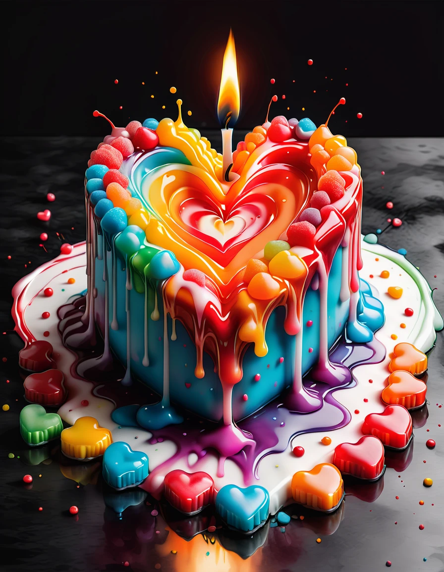 a melting candle made of gumdrops in the shape of a heart <lora:SDXLPaintSplash:0.7>  Colorsplash 8k, high quality, photo, extreme surrealism