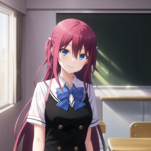(masterpiece, best quality:1.2),illustration,8k,hd,1girl,solo,upper body,(portrait:1.2),blue eyes,smile,school uniform,bow,very long hair,red hair,short sleeves,skirt,hair between eyes,shirt,<lora:Suou Amane(Anime)>,