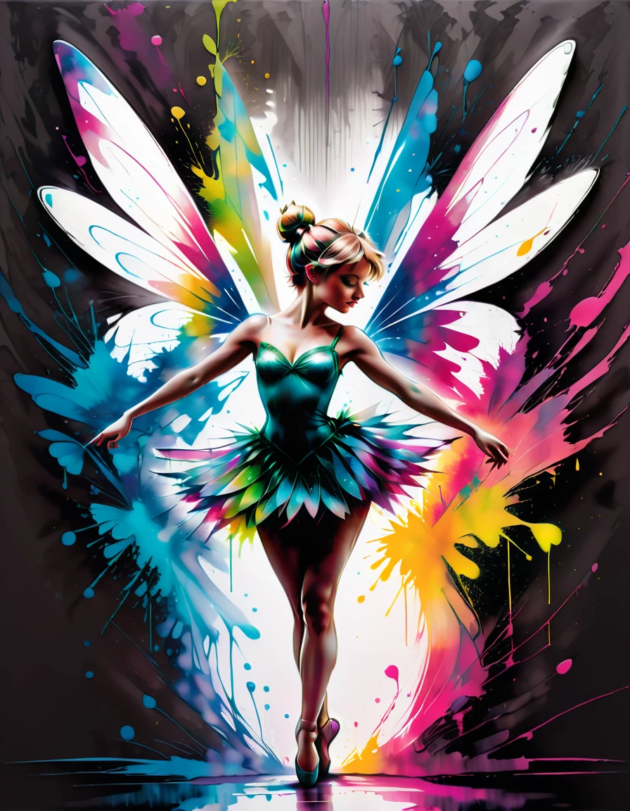 a beautiful silhouette of a fairy ballerina twirling with splashes of paint rain down, symmetrical wings, magical  <lora:SDXLPaintSplash:0.8>  Colorsplash