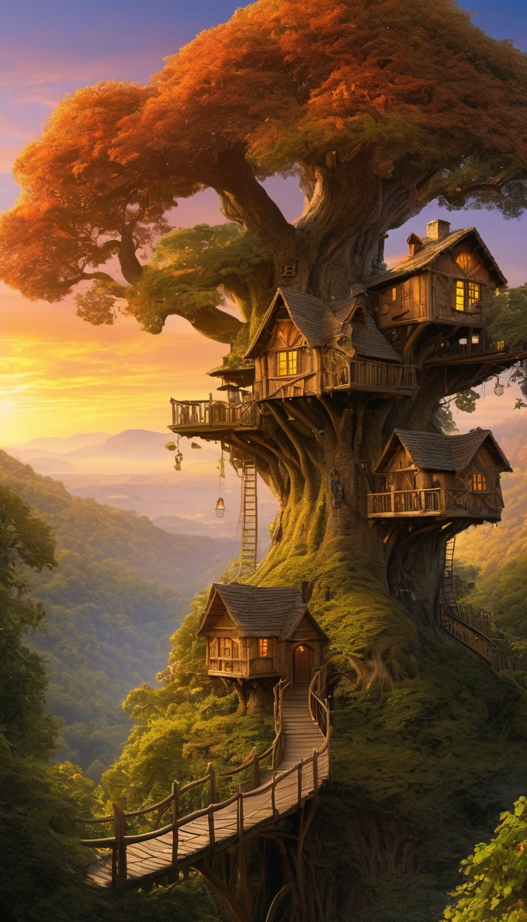 valley, fairytale treehouse village covered, , matte painting, highly detailed, dynamic lighting, cinematic, realism, realistic, photo real, sunset, detailed, high contrast, denoised, centered, michael whelan