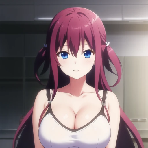 (masterpiece, best quality:1.2),illustration,8k,hd,1girl,solo,upper body,(portrait:1.2),blue eyes,cleavage,white camisole,blue jeans,very long hair,smile,large breasts,red hair,belt,<lora:Suou Amane(Anime)>,