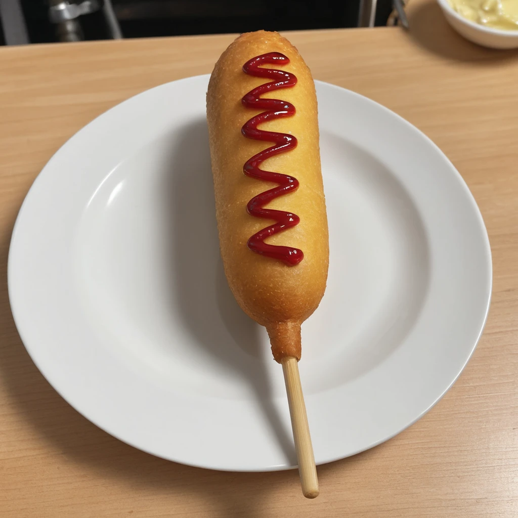 A photorealistic image of a delicious 9hotdog placed on a plate in a restaurant setting. The 9hotdog should be golden brown, with a crispy exterior and a juicy interior visible at one end where it's bitten off. The plate can be white or a light color to contrast with the golden hue of the 9hotdog. There might be a small dish of mustard or ketchup on the side for dipping. The table should have a clean tablecloth, and the lighting should be warm, highlighting the appetizing look of the 9hotdog. The background can have subtle hints of a restaurant ambiance, like a glass of water or some cutlery, <lora:cornhotdog:0.65>