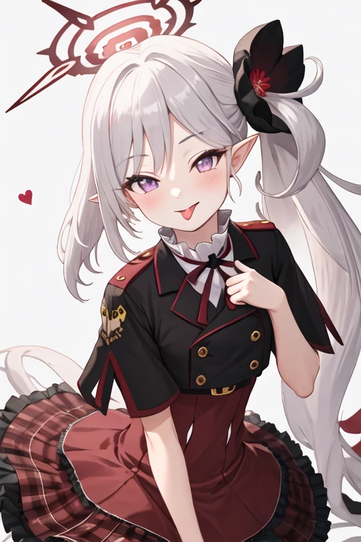 best quality, masterpiece, highres, solo, {mutsuki_bluearchive:1.15}, long_hair, hair_ornament, smile, halo, bangs, purple_eyes, white_hair, side_ponytail, blush, hair_flower, flower, grey_hair, pointy_ears, 1girl, looking_at_viewer, plaid, red_skirt, simple_background, skirt, tongue, tongue_out, white_background, frilled_skirt, plaid_skirt, :p, frills